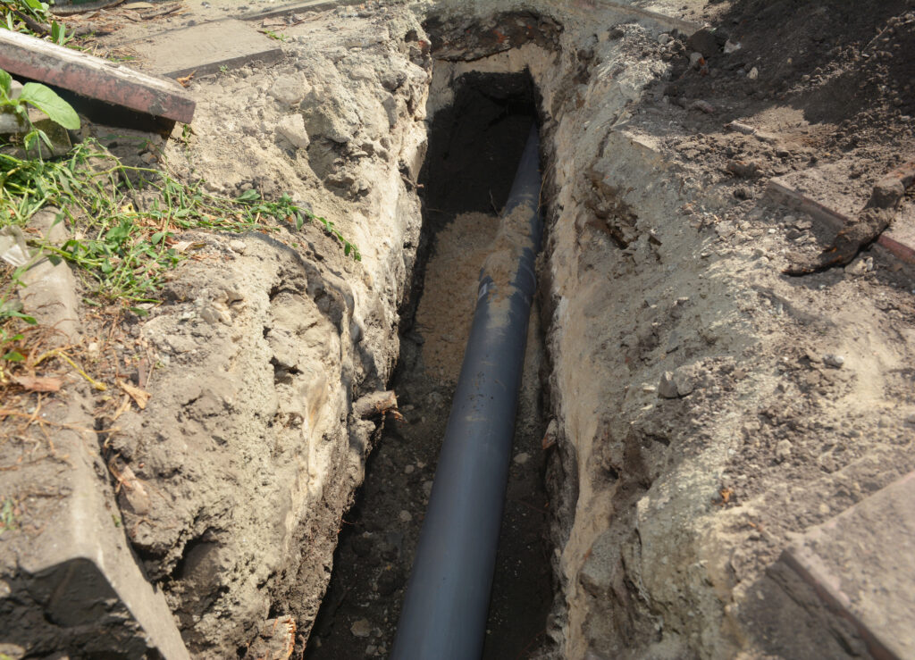 Installing sewer pipe in the ground trench. House sewer drain pipe installation.